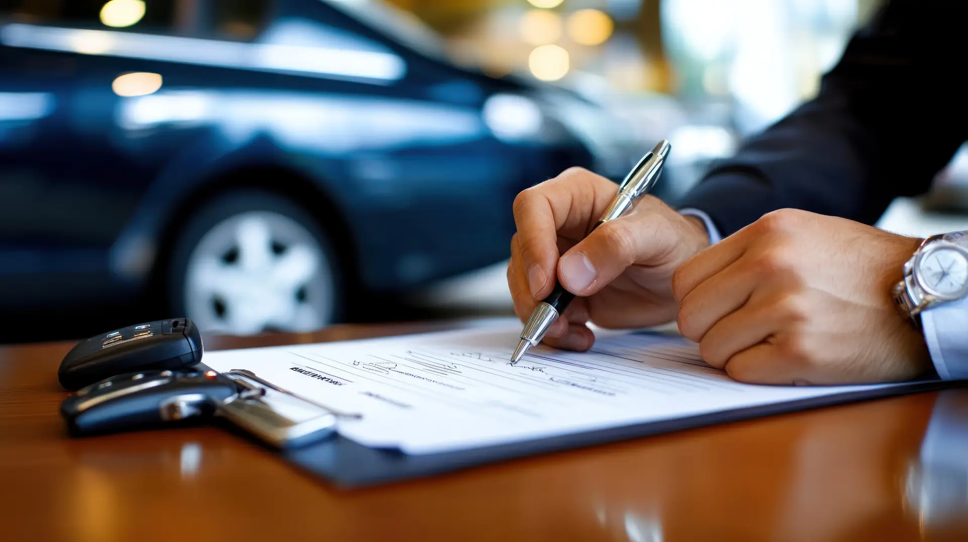 person-signing-paperwork-car-dealership-with-keys-pen-nearby